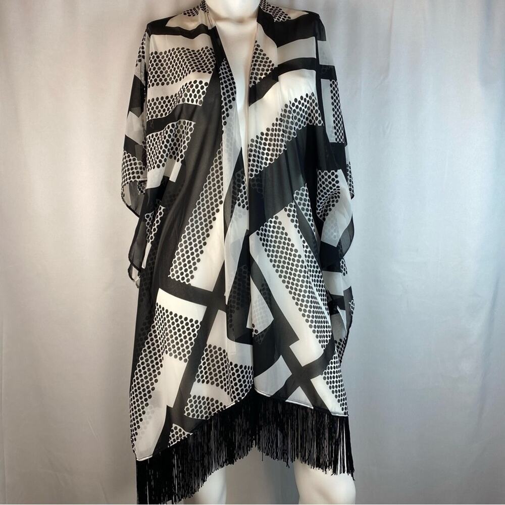 Chico’s Wrap Polka Dot Black and White‎ With Fringe S/M